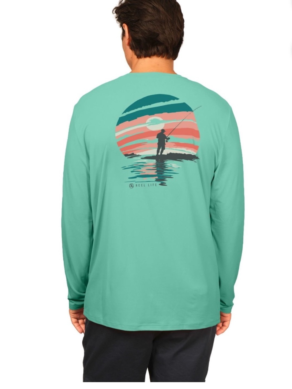 Reel Life Men’s Long-Sleeve Swim Rash Guard — Mint with Sunset Fishing Graphic